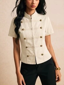 Poéselle 女款短袖鈕扣設計休閒拿破崙牛仔夾克 - 杏色 - 查看 4