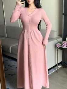DAZY Women's Sweet Button Waist Long Sleeve Sweater Dress For Dating Fall - Pink - View 3