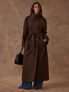 SHEIN BAE Solid Color Casual Style Stand Collar Tie Double-Breasted Premium Versatile Loose Fit Commuter Daily Long Overcoat - Coffee Brown - View 6