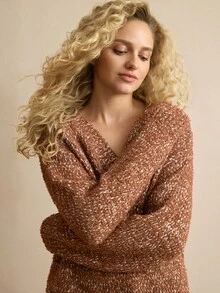 MOTF PREMIUM WOMEN'S LOOSE KNIT PULLOVER SWEATER WITH METALLIC YARN, AUTUMN/WINTER - Camel - View 2