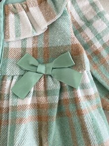 SHEIN Playful Pals 2件組幼女格紋洋裝 優雅薄荷綠蝴蝶結荷葉邊格紋長袖圓領常規款 婚禮派對秋季假期時尚貝雷帽 - 綠色 - 查看 7