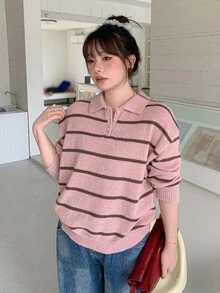 Dazy Plus Sweater Pullover Longgar Kasual dengan Motif Patchwork Blok Warna untuk Musim Gugur/Dingin - Berwarna merah muda - View 3