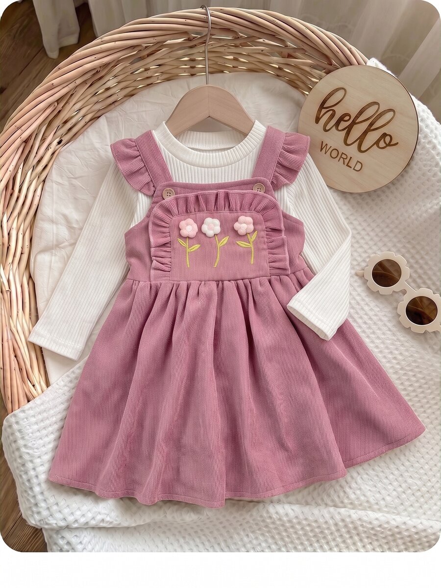 SHEIN فستان بناتي صغير مزين بزهور ثلاثية الأبعاد مع حافة مكشكشة لطيف للخريف - وردي - مشاهدة 1