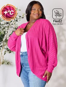 BrightlyHer Plus Size Solid Ribbed Shawl Collar Long Sleeve Knit Cardigan Autumn 2026 Business Club Fuchsia Pink Casual Western - Hot Pink - View 3