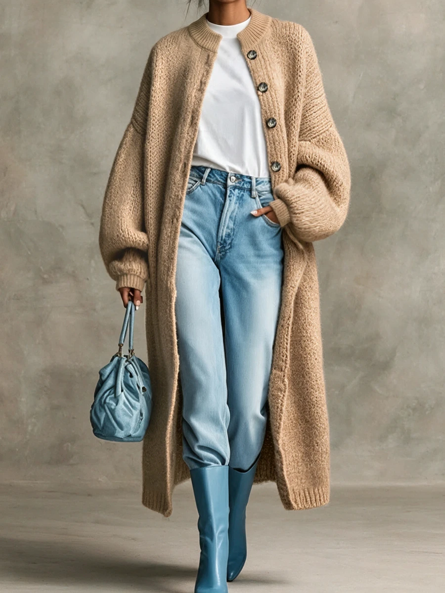 SHEIN Cardigan Rajut Panjang Leher Bulat Musim Gugur/Musim Dingin, Mantel Sweater Longgar Lengan Lentera dengan Kancing Depan - Khaki - View 1