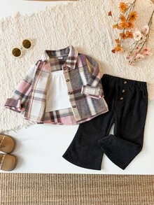 SHEIN 3件組幼女格紋襯衫背心＋喇叭褲，學院風粉色棕色黑色燈芯絨鈕扣長袖，開學季秋季假期優雅彈性套裝 - 彩色 - 查看 3