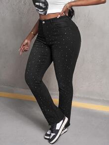 Slaydiva Plus Size Women's High Waist Skinny Denim Jeans With Speckled Rhinestone Embellishment, Black - Black - View 5