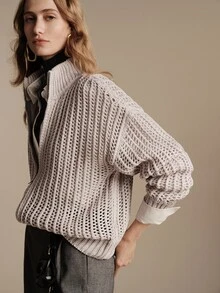Anewsta Essential Autumn/Winter Elegant Lapel Zip-Up Hollow Stripe Vertical Hollow High-End Grey Knit Cardigan - Grey - View 8