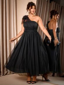 Cravure Plus Size Sleeveless Mesh Halter Bowknot Waist A-Line Elegant Romantic Dress, Suitable For Weddings, Parties - Black - View 5