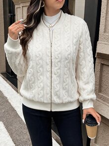 SHEIN LUNE Plus Size Women's Best-Selling Elegant Baseball Textured Fleece Jacket, Slimming Minimalist Cut With Metal Zipper Decor, Suitable For Daily Wear, Commuting, Dating And Gatherings - Apricot - View 3