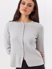 KÆRIA Hus Close Fit Crew Neck Cardigan - Brushed Soft Touch Knit - Silver Marle - Button Front, Layeringg - Light Grey - View 5