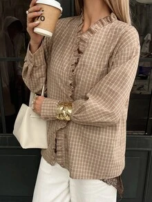 Livesso 女款休閒格紋荷葉邊飾襯衫，秋季 - 卡其色 - 查看 3