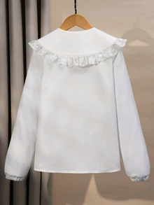 SHEIN 女童春秋泡泡長袖重工刺繡大領襯衫，可拆卸蝴蝶結裝飾，挺挺版型，秋季上衣 - 白色 - 查看 2