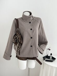 Elamini Women's Autumn New Vintage Slimming Flattering Casual Versatile Chic Premium Houndstooth Brown Overcoat - Brown - View 6