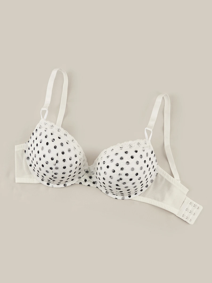 Bralution Polka Dot Lace Minimalist Daily Comfortable Molded Cup Support Underwire Lift 3/4 Cup Plus Size Bra & Wireless Bra - White - View 1