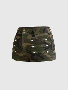 ROMWE Grunge Punk Plus Size Denim Hot Girl Cavalry Metal Button Design Ultra Low Waist Skinny Denim Mini Shorts - Army Green - View 5