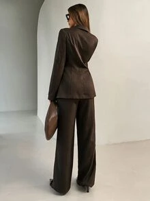 Aloruh 女款純色翻領長袖夾克與長褲休閒套裝 - 咖啡棕 - 查看 2
