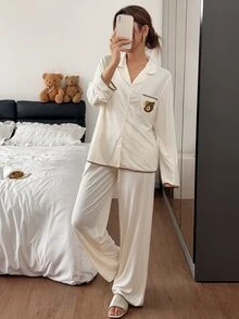 Napfluff Asian Apricot Knit Striped Cute Bear Patch Pocket Trim Long Sleeve Pants Loungewear Set - Apricot - View 4