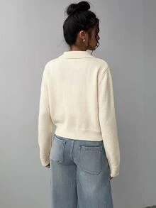 SHEIN BASICS Cardigan Rajut Lengan Panjang Kancing Serbaguna Gaya Lembut untuk Wanita - Aprikot - View 9