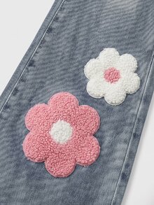 SHEIN Girlism 女童可愛花卉毛巾刺繡圖案復古藍色丹寧彈性緊身喇叭牛仔褲 - 中等水洗藍 - 查看 2