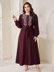 Feyla Plus Size Women's Floral Print Round Neck Long Sleeve Elegant Dress - Burgundy - View 8