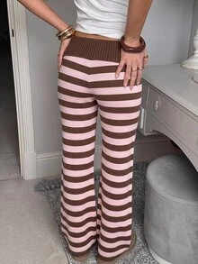 CovetEZ 女款秋冬居家服 簡約舒適甜美休閒學院風 條紋雙層腰部設計鈕扣不對稱米色極簡毛衣褲，適合日常穿著、秋冬通勤、約會、聚會、夏季、派對、婚禮、海灘、畢業典禮等場合，優雅休閒，適合外出，Y2K - 彩色 - 查看 2