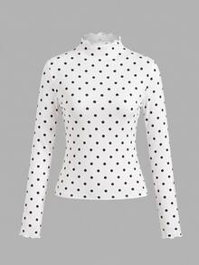 SHEIN EZwear 波點荷葉邊飾 2 件組休閒立領修身純色黑白長袖打底 T 恤，百搭秋冬上衣，適合日常通勤、約會、聚會、秋冬/夏季、聖誕節、新年、感恩節、派對、婚禮、海灘、畢業典禮，時尚優雅休閒外出約會穿搭 - 彩色 - 查看 3
