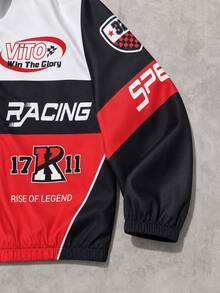 Young Boy Jacket Set, Boys Racing Theme 2 Pieces Set, Hooded Zip-Up Jacket + Jogger Pants. Red Black White Colorblock Patchwork, All-Over Racing Style Letter Print, Elastic Cuffs And Hem, Smooth Fabric, Motorcycle Style - Red - View 6
