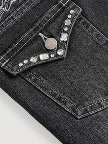 SHEIN Girlism 青少年女孩休閒水洗翅膀刺繡水鑽裝飾喇叭牛仔褲 - 黑色 - 查看 3