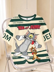TOM & JERRY X SHEIN 男士字母卡通印花圓領短袖休閒T恤 - 白色 - 查看 1