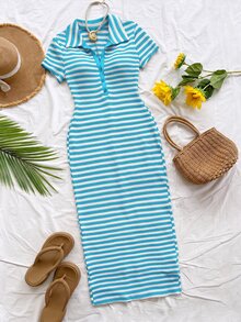 Soleia New Casual Vacation Lapel Short Sleeve Colorblock Striped Long Dress - Multicolor - View 3