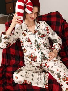 Chillnights Women's Christmas Print Santa Claus & Christmas Tree Casual Lapel Long Sleeve Pants Pajama Set - Apricot - View 1