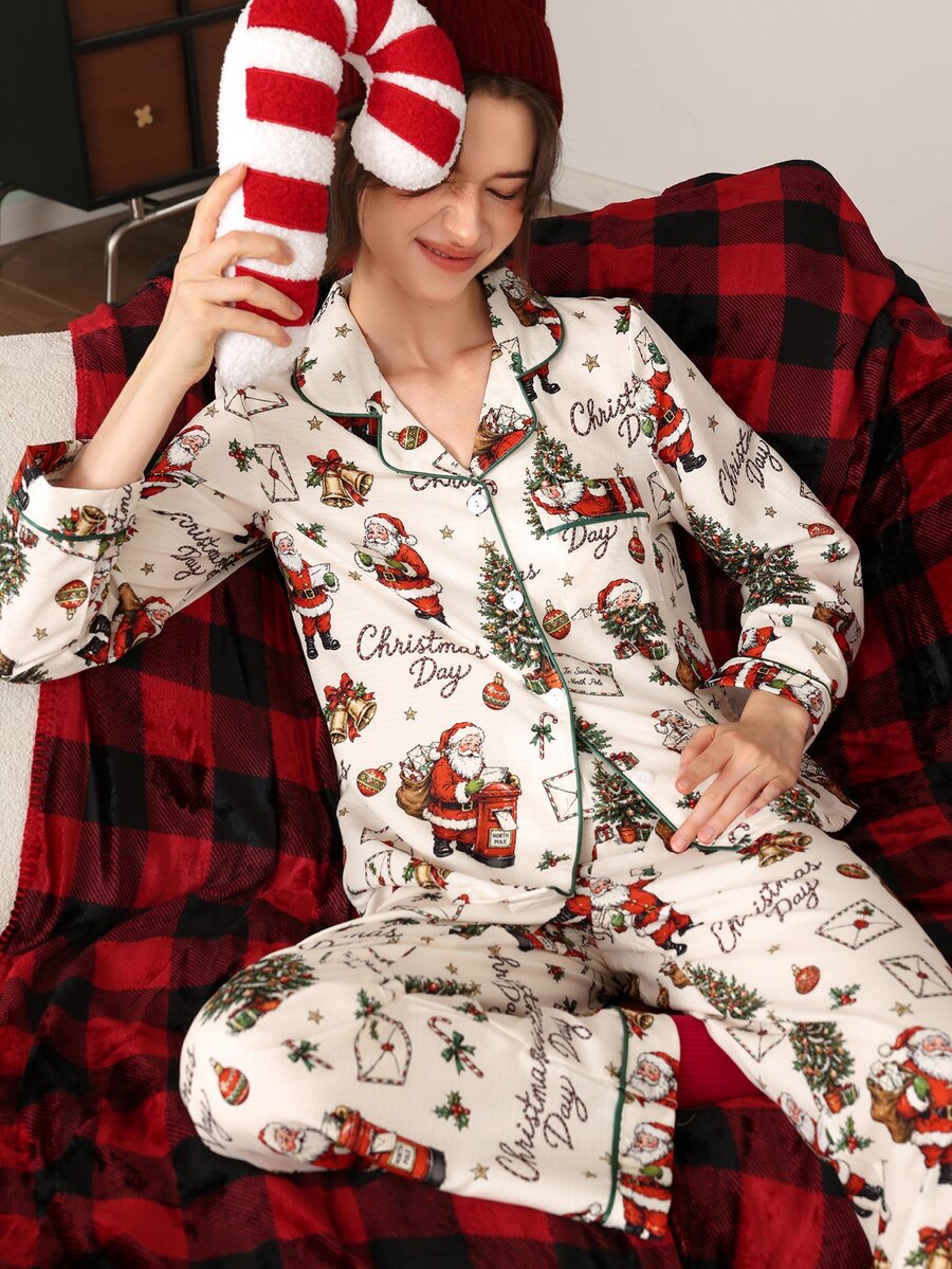 Chillnights Women's Christmas Print Santa Claus & Christmas Tree Casual Lapel Long Sleeve Pants Pajama Set - Apricot - View 1