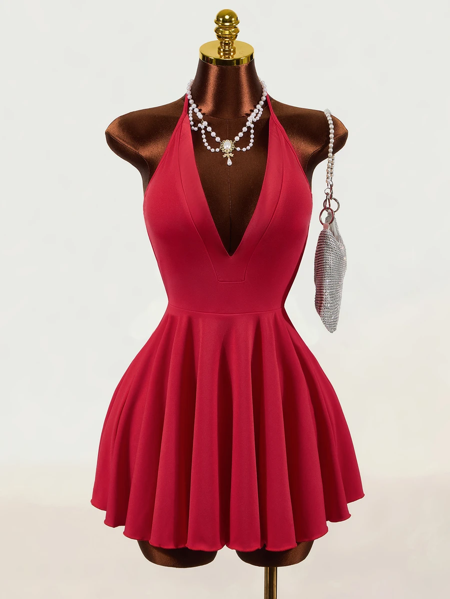 Mistrie Women's Halter Neck Deep V-Neck Solid Color Sexy Dress - Red - View 1