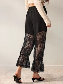 Willow Rêve Loose Black Long Pants, Floral Lace Patchwork Craft, Drawstring Waist And Sheer Flare Leg Design, Summer Bohemian Style, Suitable For Vacation, Party And Travel Wear - Black - View 6