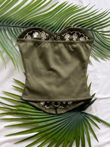 Soleia 女款度假休閒花卉刺繡交叉綁帶抹胸上衣 - 軍綠色 - 查看 2