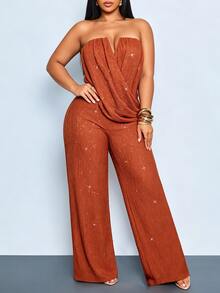 SOLERSUN Plus Size Elegant Party Strapless Ruched Draped Wide Leg Jumpsuit, High Elastic Textured Shiny Party, Fashion Elegant Commute Party Halloween Party - Rust Brown - View 8