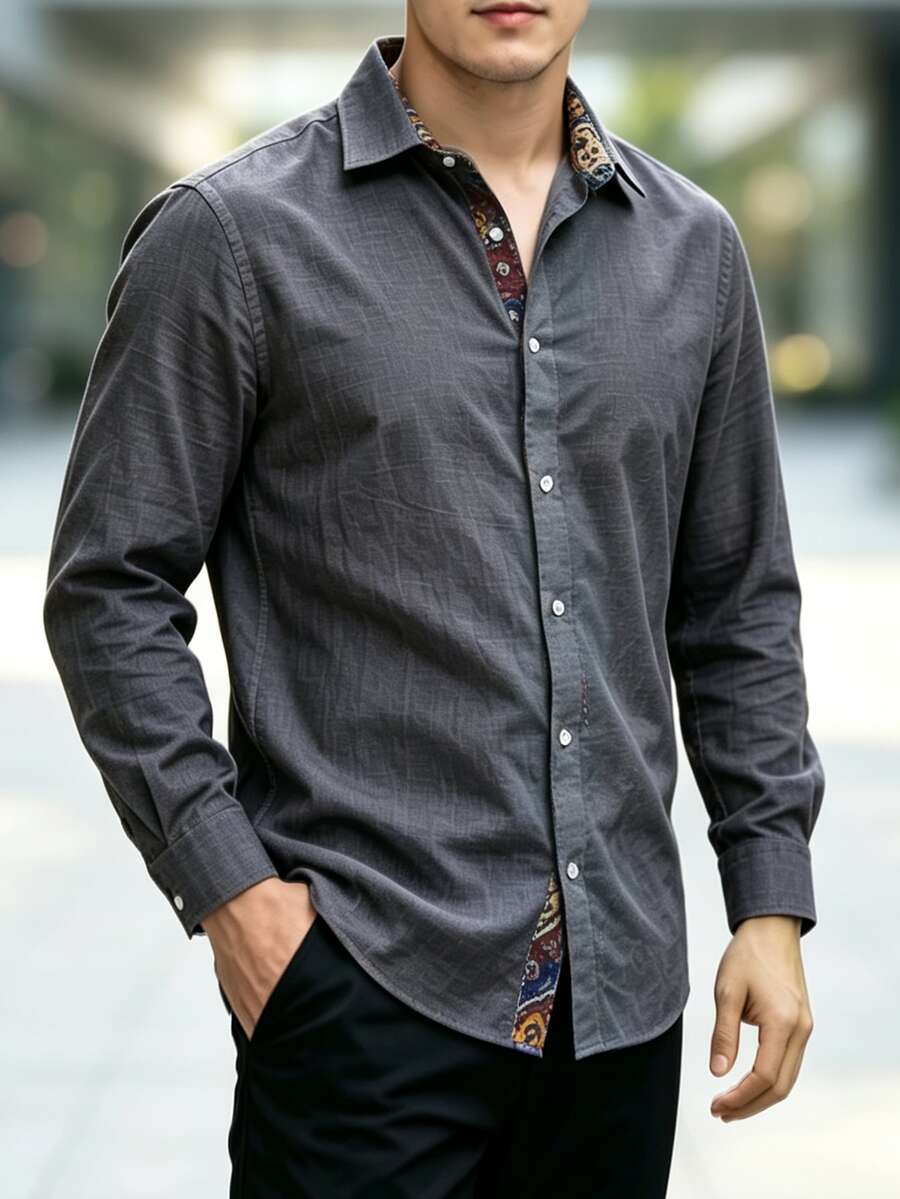 Manfinity Mode Men's Casual Versatile Grey Shirt, Autumn - Grey - View 1