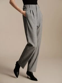 Anewsta Essential Women's Elegant Commute High Waist Pleated Side Button Straight Leg Trousers Grey Pants, Suitable For Commute, Daily, Date Outfits - Grey - View 6