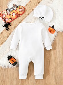 SHEIN 2pcs Baby Boy Newborn Halloween Smiling Face Boo Pattern Knitted Soft Round Neck Long Sleeve Romper And Hat, Cute Holiday Style, Suitable For Autumn And Winter - White - View 2
