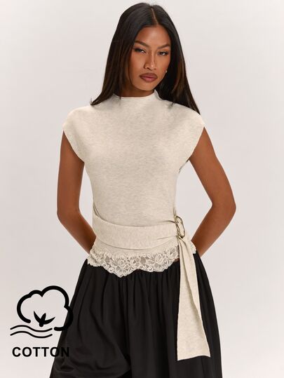 SHEIN BAE Nouveau pull élégant pour femme à col mi-Top, sans manches, en coton traçable, cintré à la taille avec lien et boucle métallique, ourlet en patchwork de dentelle, tenue pour le travail, le café et les rendez-vous