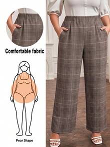 SHEIN LUNE Plus Size Women's Plaid Casual Versatile Daily Wear Long Pants - Brown - View 7