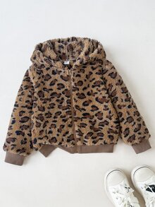 SHEIN 少女豹紋毛絨運動外套休閒百搭柔軟舒適 - 棕色 - 查看 5