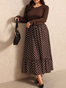 Elaquor Plus Size Women's Round Neck Puff Long Sleeve Polka Dot Hem Elegant Dress Fall/Winter Polka Dot Brown Dress For Women Elegant Going Out Brunch Dress - Brown - View 1