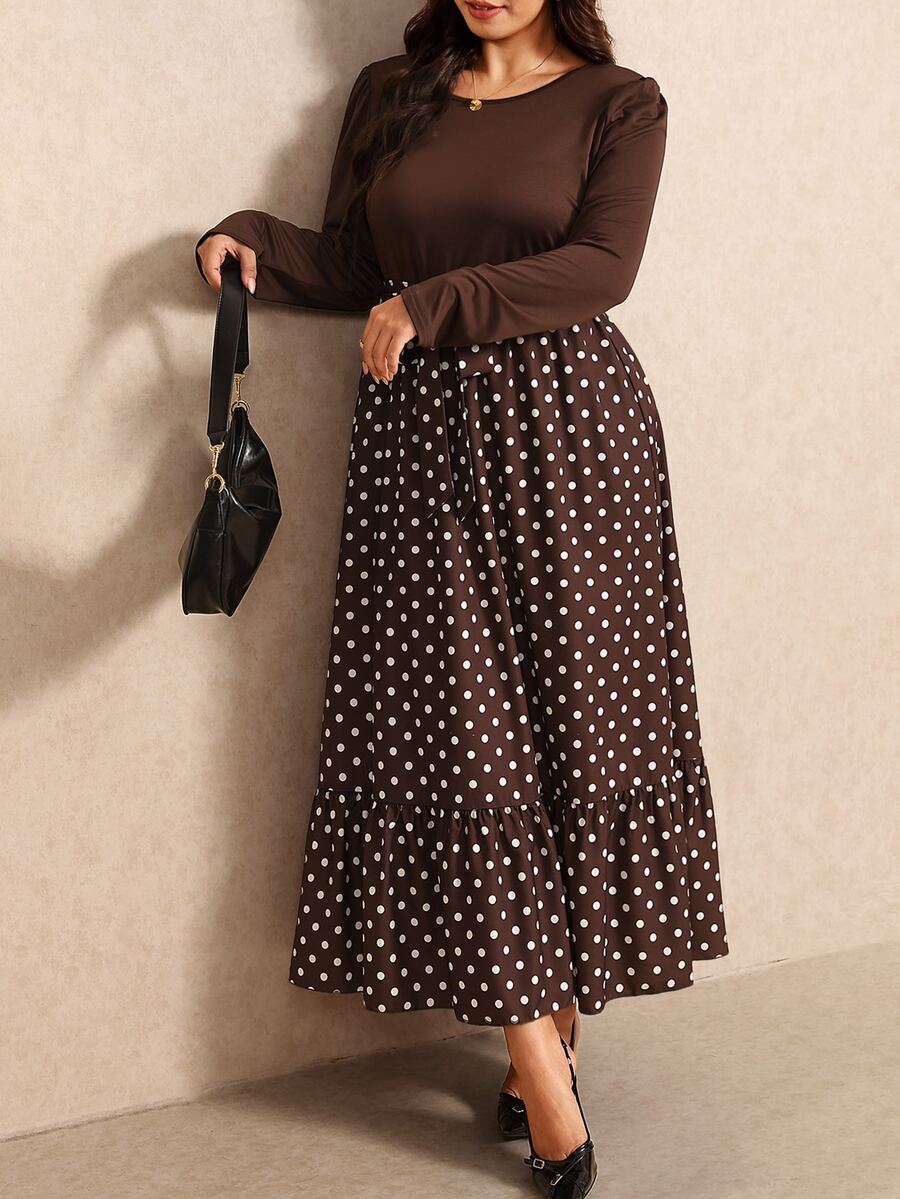 Elaquor Plus Size Women's Round Neck Puff Long Sleeve Polka Dot Hem Elegant Dress Fall/Winter Polka Dot Brown Dress For Women Elegant Going Out Brunch Dress - Brown - View 1