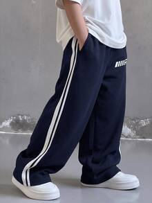 Kids Tween Boy Casual Collegiate Style Heather Grey Sweatshirt & Sweatpants Set, Suitable For Spring/Summer, Valentine's Day, Dates, Family Gatherings, Back To School, Wedding Season, Sports, Birthday Parties - Navy Blue - View 2
