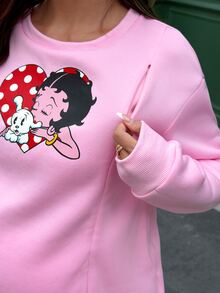 Lyckli Betty Boop x SHEIN Setelan Hamil 2 Potong: Sweatshirt dan Celana Jogging Fleece Motif Kartun - Berwarna merah muda - View 6