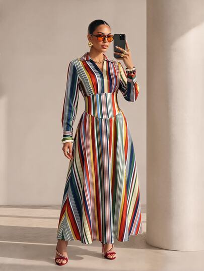 Xyvia Colorful Striped V-Neck Asymmetrical Stripe Maxi Dress, Elegant Holiday Outfit, Suitable For Spring And Autumn