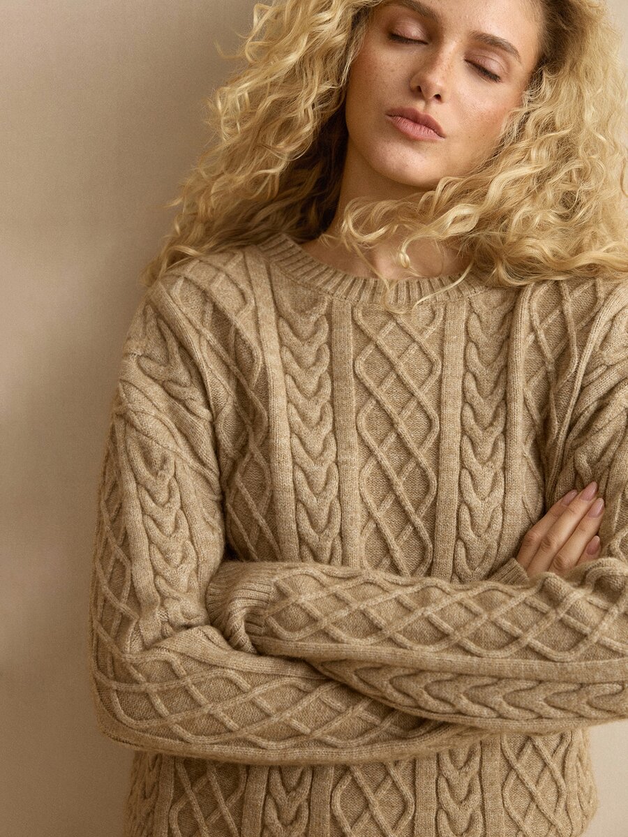 MOTF PREMIUM WOMEN'S 2-PIECES SET AUTUMN/WINTER SOLID COLOR DROP SHOULDER LOOSE CABLE KNIT SWEATER AND KNIT SHORTS - Khaki - View 2