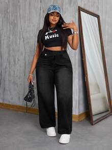 SHEIN CURVE+ Cowgirl Outfit Plus Size Women's Black Non-Stretch Slim Straight Leg Jeans - Black - View 1